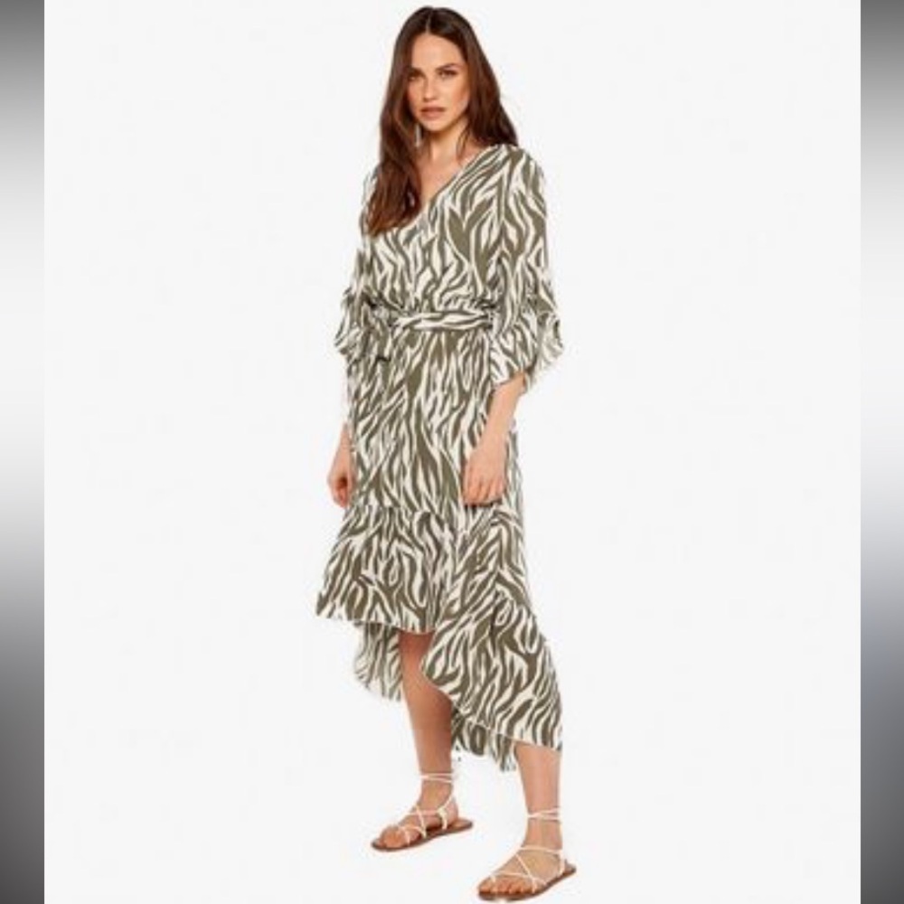 APRICOT Zebra Print 3/4 sleeves‎ Flowy Ruffles Midi White Green Dress S